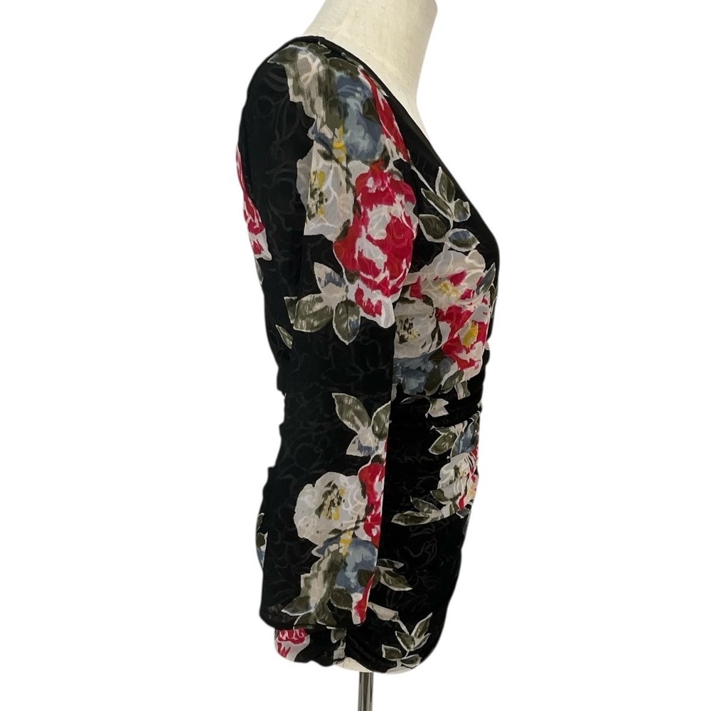 WHBM Black Floral Ruched V Neck 3/4 Sleeve Top Women's Fashion Blouse Reversible - Picture 6 of 11